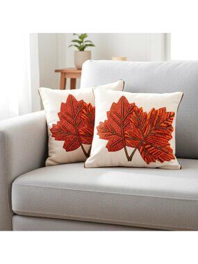 Set of 2 Cotton Embroidered Fall Leaf Throw Pillow Covers 18x18" Decorative